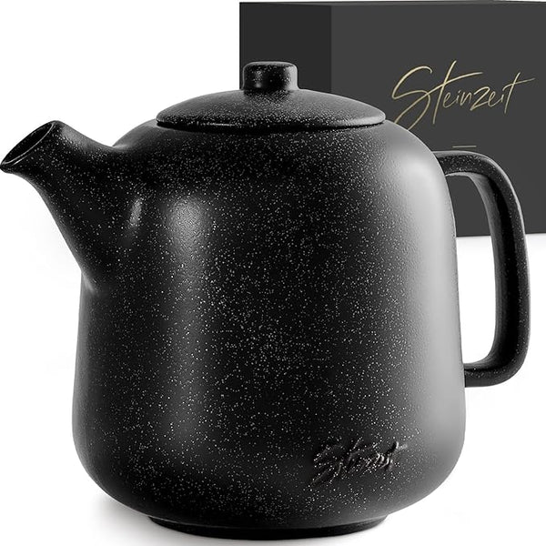 Steinzeit Designer Teapot (1.3 L) - Teapot with Strainer Insert Made of 304 Stainless Steel - Ceramic Teapot with Unique Glaze - Removable T