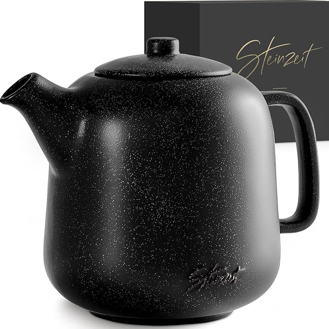 Steinzeit Designer Teapot (1.3 L) - Teapot with Strainer Insert Made of 304 Stainless Steel - Ceramic Teapot with Unique Glaze - Removable T