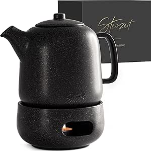 Steinzeit Design Teapot with Warmer (1.3 L) - Teapot with Strainer Insert Made of 304 Stainless Steel - Ceramic Teapot with Unique Glaze - R