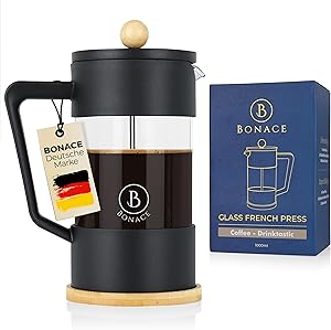 BONACE French Press Made of Glass, Coffee Maker for 5 Cups, Coffee Press 1 Litre, Colour Black, 2 Replacement Stainless Steel Filters, with