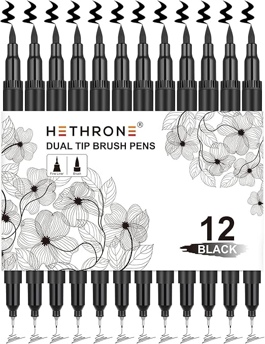Hethrone Black Dual Markers Brush Pen - Markers for Adult Coloring Books 12 Pen