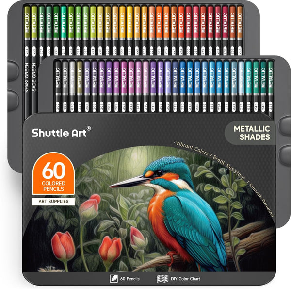 Shuttle Art Metallic Colouring Pencils Set, 60 Metallic Colouring Pencils, Glitter Colouring Pencils for Adults, Beginners for Pain
