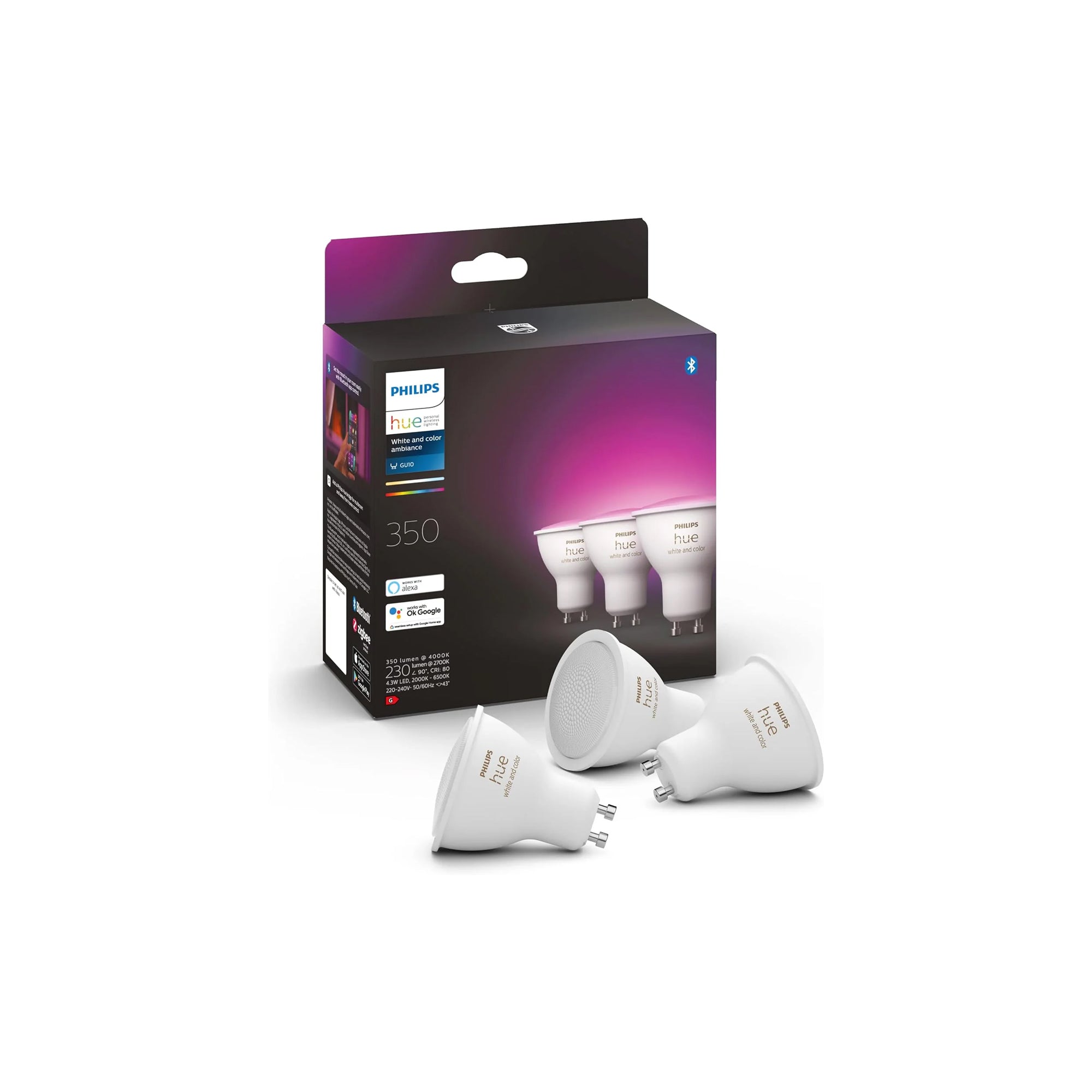 مصباح فيليبس هيو الأبيض والملون GU10 LED سبوت لايت، عبوة من 3 مصابيح، 350 لومن، متوافق مع أنظمة المنزل الذكي