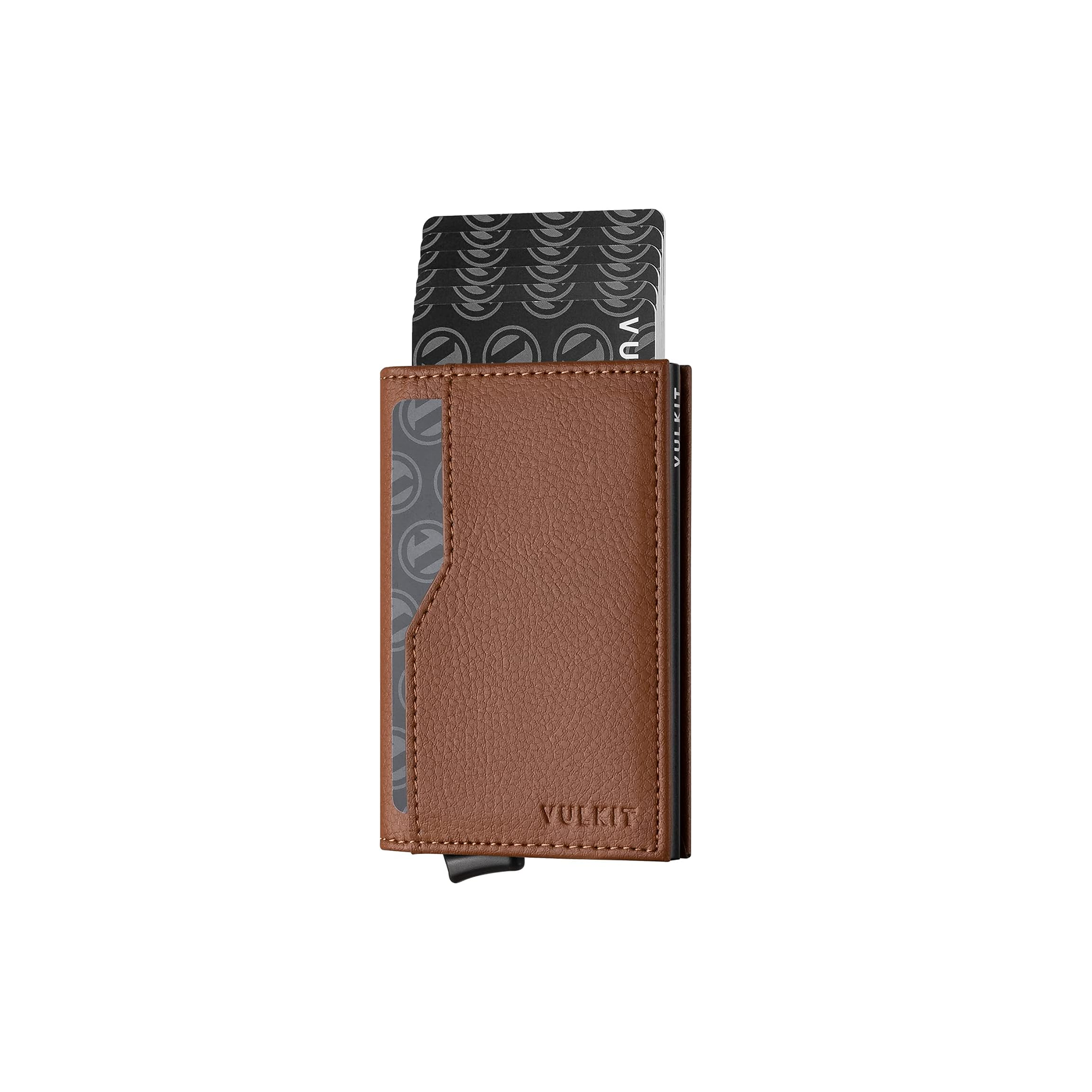 VULKIT Leather Credit Card Holder RFID Blocking Automatic Pop Up Card Wallet with Double ID Window Brown