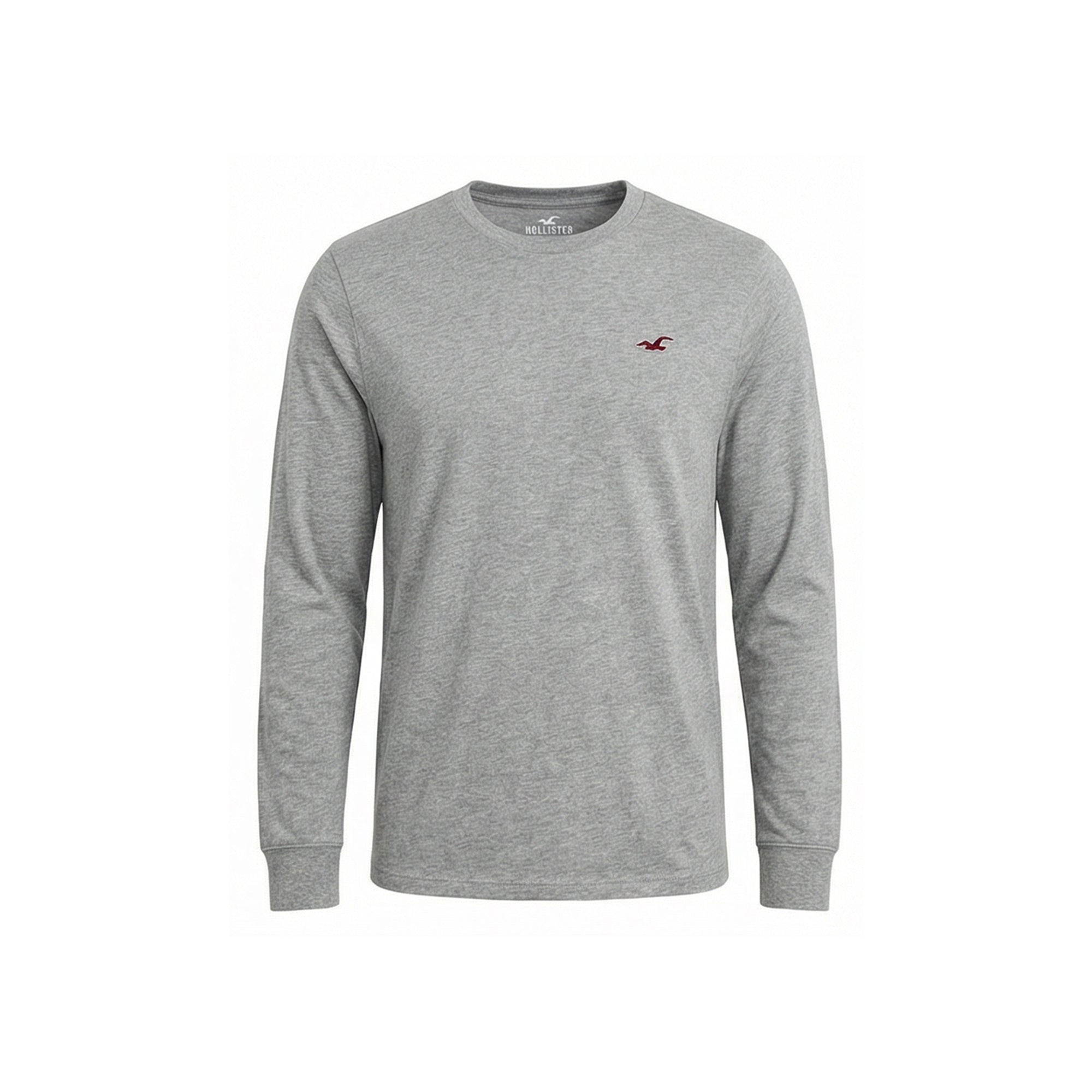 Hollister Men's Grey Long Sleeve Crew Neck T-Shirt, Round Neck