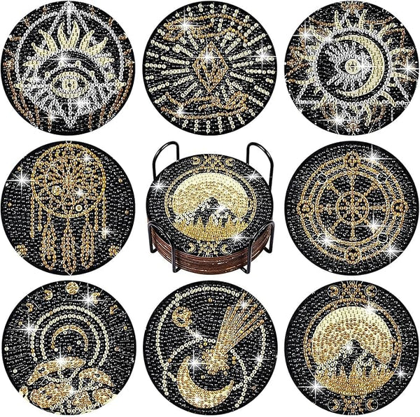 8 Pieces Reusable DIY Tarot Painting Coaster, Coaster Kit with Stand, Diamond Painting Coasters for Home, Office, Adults, Kids, Beginners, A