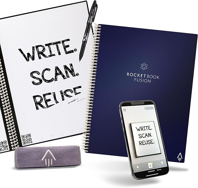 ROCKETBOOK Fusion Reusable Digital Notebook - Smart Notepad A4 Blue, 7 Styles, To Do List, Daily Journal, Weekly & Monthly Planner with Frix