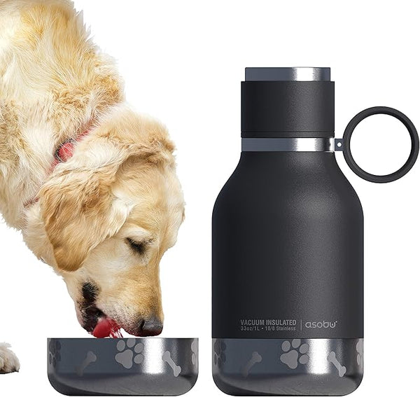Asobu Dog - Pet Bowl Attached to Stainless Steel Insulated Travel Water Bottle 33 Ounce (Black)