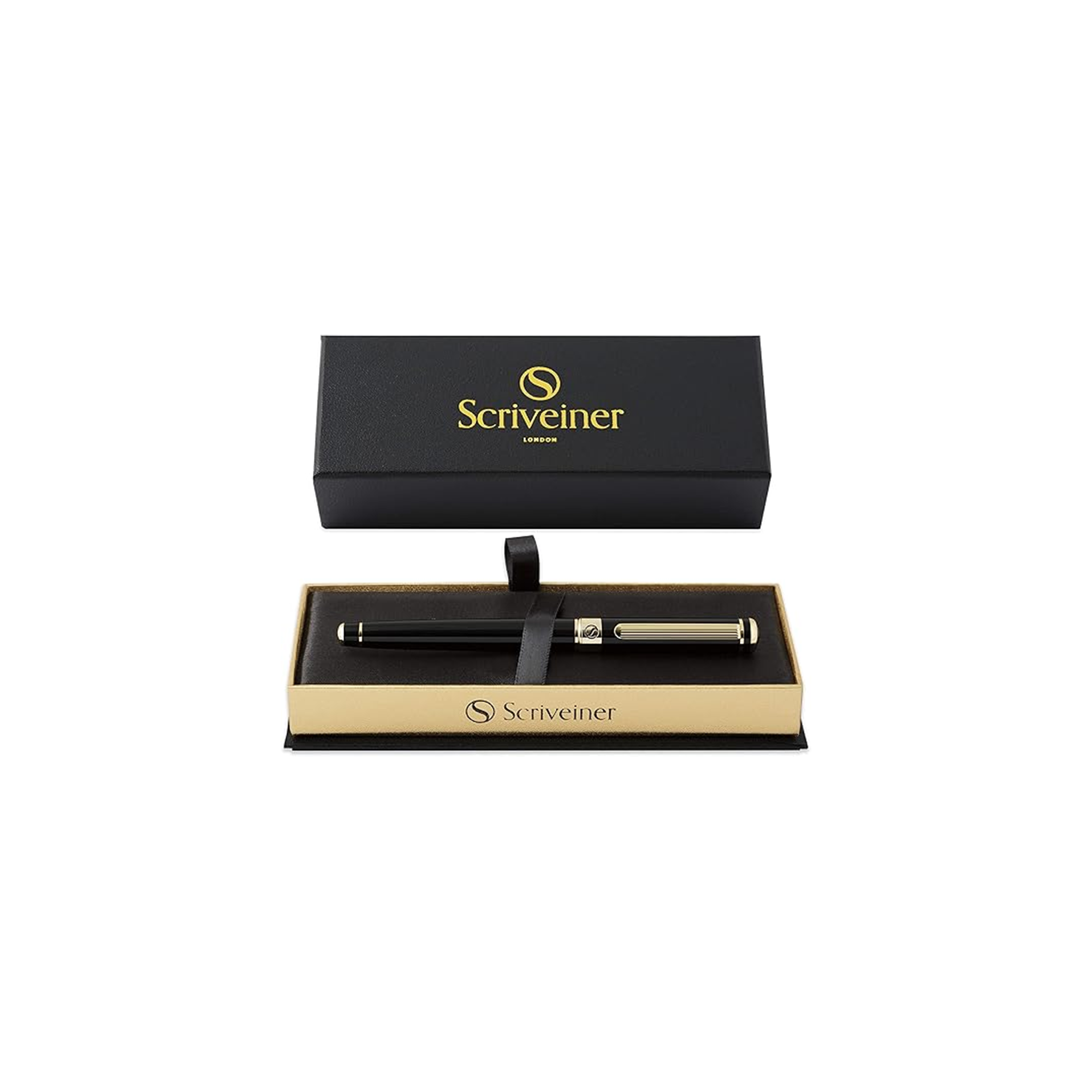 Scriveiner Black Lacquer Rollerball Pen Luxury Pen 24K Gold Finish with Schmidt Ink Refill Gift Set