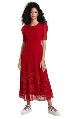 Desigual Women’s Woven Dress Short Sleeve Red M, Lightweight Breathable Fabric Dress, Artistic Detailing, Comfortable Feminine Fit, Elegant and Versatile for Daily and Summer Wear