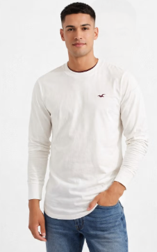Hollister Men's White Long Sleeve T Shirt Crew Neck Round Neck Slim Fit