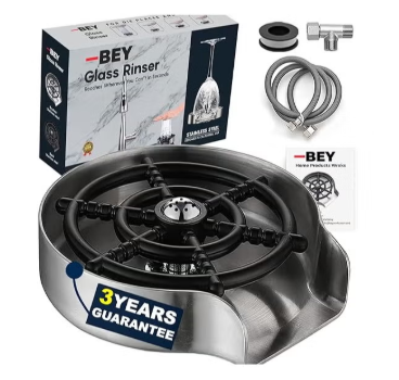 BEY Stainless Steel Glass Rinser for Kitchen Sink Ÿ?? Metal Cup & Bottle Washer Attachment for Fast Cleaning