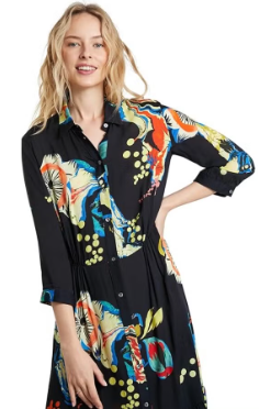 Desigual Women’s Woven Dress 3/4 Sleeve Black XL, Elegant Lightweight Fabric Dress, Artistic Detailing, Comfortable Feminine Fit, Versatile for Work and Evening Wear