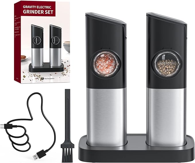CIRCLE JOY Gravity Electric Salt & Pepper Grinder Set Ÿ?? Rechargeable, Dual Charging Base, Dustproof Cover, LED Light, Adjustable Coarseness & One-Hand Automatic Operation