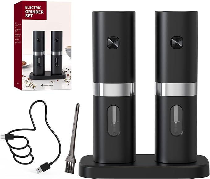 CIRCLE JOY Electric Salt & Pepper Grinder Set (2 Pack) Ÿ?? Rechargeable with Double Charging Station, Brush, Blue LED Light & Adjustable Coarseness