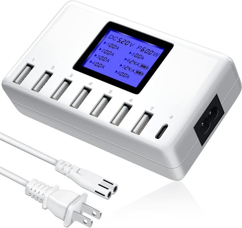 USB C Charging Station, Desktop Smart Multi Port USB Charging Station with LCD Display for Multiple Devices, 8 Ports 60W/12A USB Charger Sta