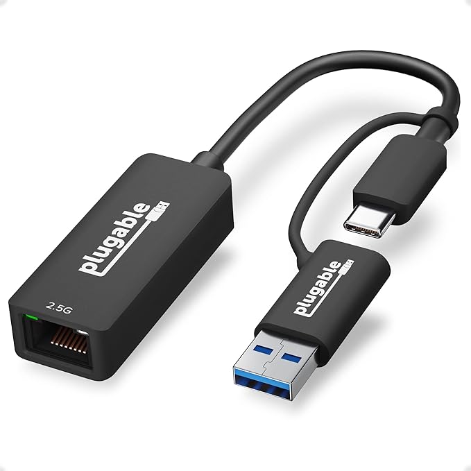Plugable 2.5G USB C and USB to Ethernet Adapter, 2-in-1 Adapter Compatible with USB C/Thunderbolt 3 or USB 3.0, USB-C to RJ45 2.5 Gigabit LA