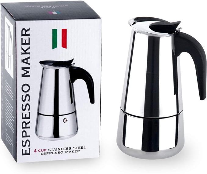 Saiyam Stainless Steel Espresso Maker Stovetop Moka Pot 4 Cup (200 ml) Italian Coffee Percolator, Silver
