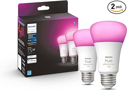 Philips Hue 75W A19 White and Color Ambiance LED Smart Bulbs - Pack of 2 - E26 - Indoor - Control with Hue App, Works with Alexa, Google Assistant, Apple HomeKit