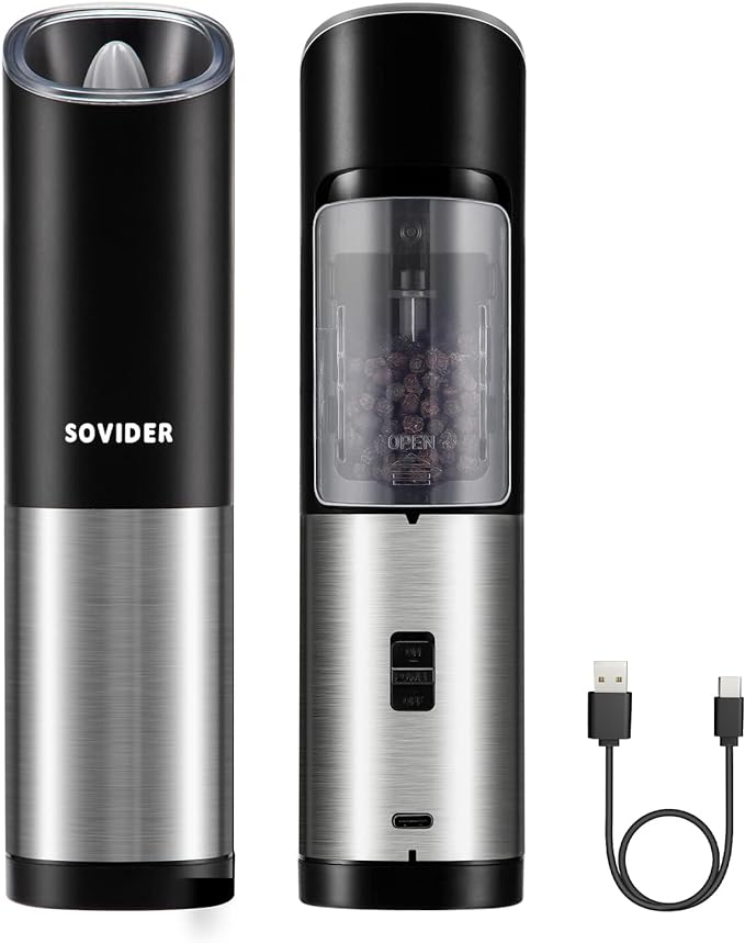 SOVIDER Gravity Electric Salt & Pepper Mill Ÿ?? Rechargeable, LED Light, Adjustable Coarseness, 304 Stainless Steel