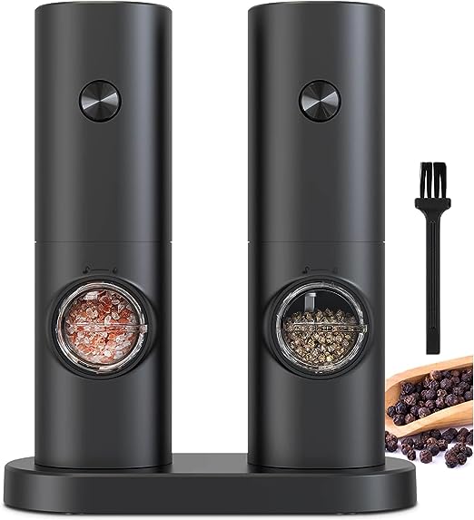 COKUNST Electric Pepper and Salt Grinder Set, Battery Powered Adjustable 5 Levels of Coarseness Black Pepper Grinder Mill with Stand, Automa