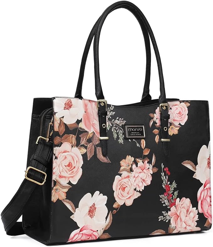 MOSISO Laptop Tote Bag Compatible with MacBook Pro 16 inch 2021 M1 A2485 / 2019-2020 A2141 & 15-15.6 inch Notebook, Peony Waterproof PU Leat