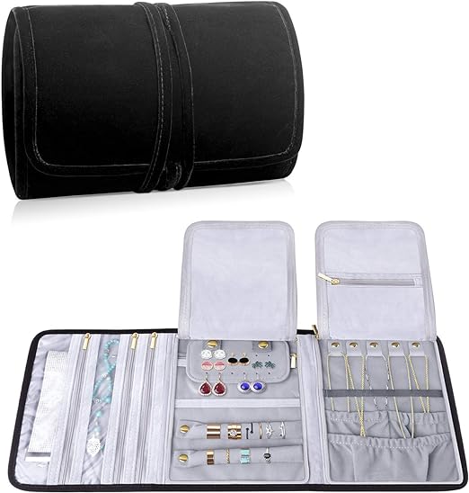 Teamoy Velvet Travel Jewelry Roll, Jewelry Storage Bag Organizer for Necklaces, Earrings, Bracelets, Rings, Brooches and More, Compact and E