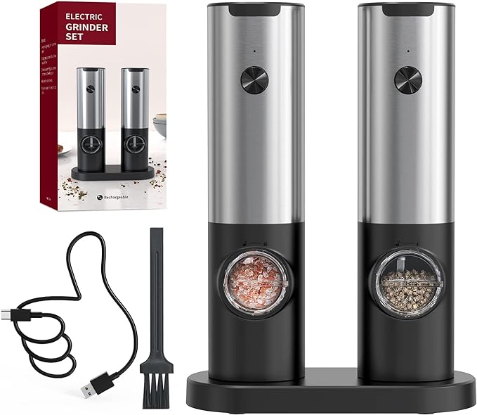 طقم مطحنة ملح وفلفل كهربائية من سيركل جوي (عبوتان) قابلة لإعادة الشحن عبر منفذ USB، مزودة بمطحنة سيراميك، وإضاءة LED، وإمكانية تعديل درجة الخشونة