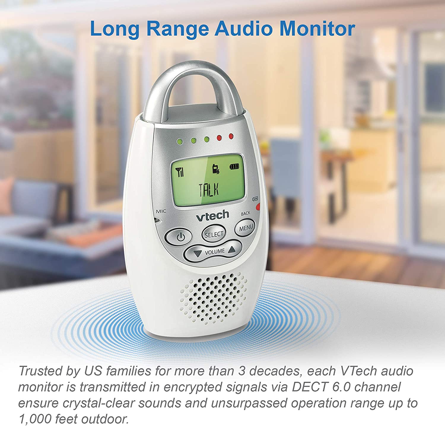 جهاز مراقبة الأطفال الصوتي VTech DM221 بمدى 1000 قدم، تنبيه صوتي بالاهتزاز، اتصال داخلي تفاعلي وحلقة إضاءة ليلية، أبيض/فضي